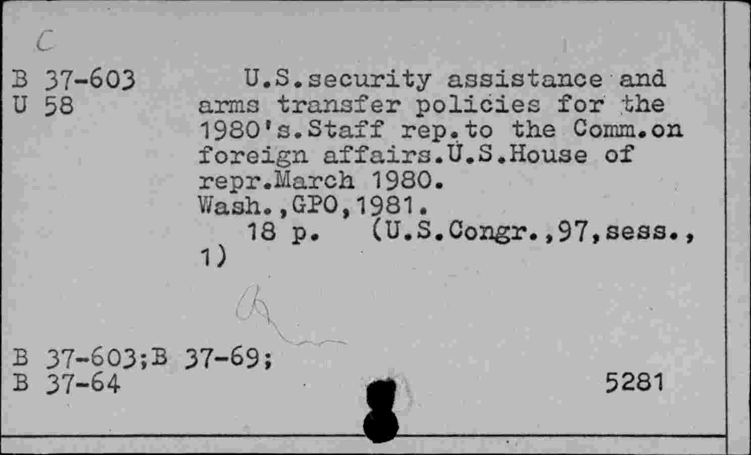 ﻿B 37-603 U 58
U.S.security assistance and arms transfer policies for the
1980’s.Staff rep.to the Comm.on foreign affairs.U.S.House of repr.March 1980.
Wash.,GP0,1981.
18 p. (U.S.Congr.,97,sess.,
B 37-603;B 37-69;
B 37-64
5281